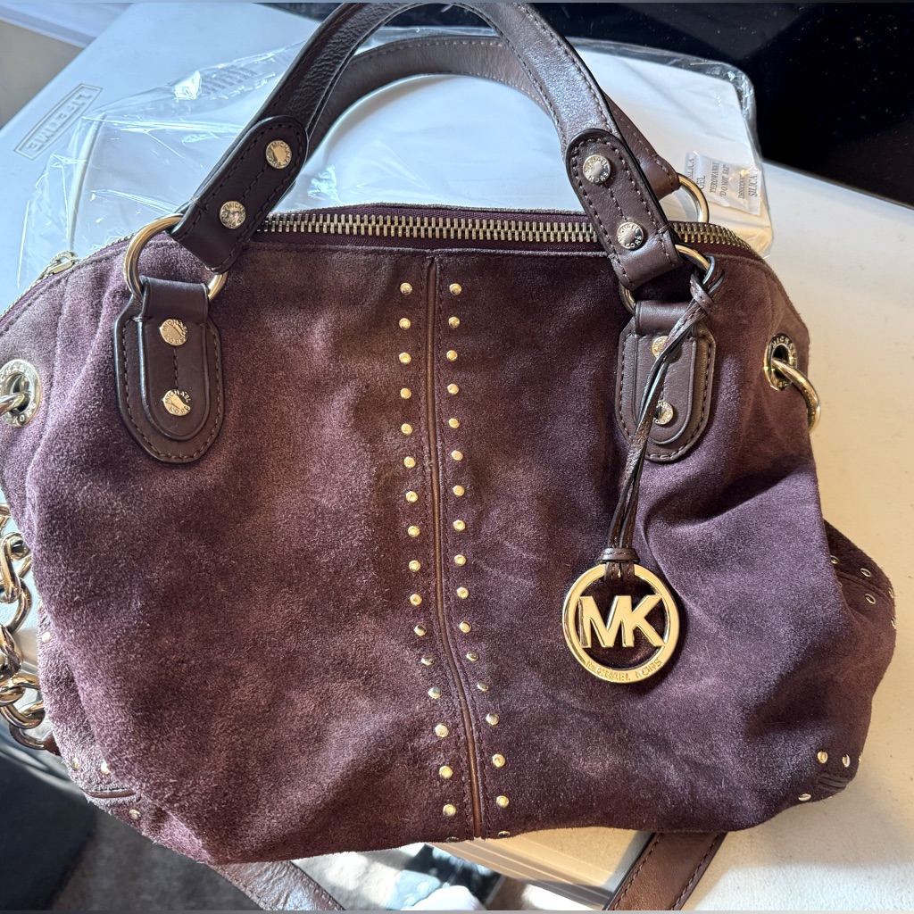 Michael Kors Brown Suede Handbag With Gold Accents. 2 Handles And Shoulder Strap
